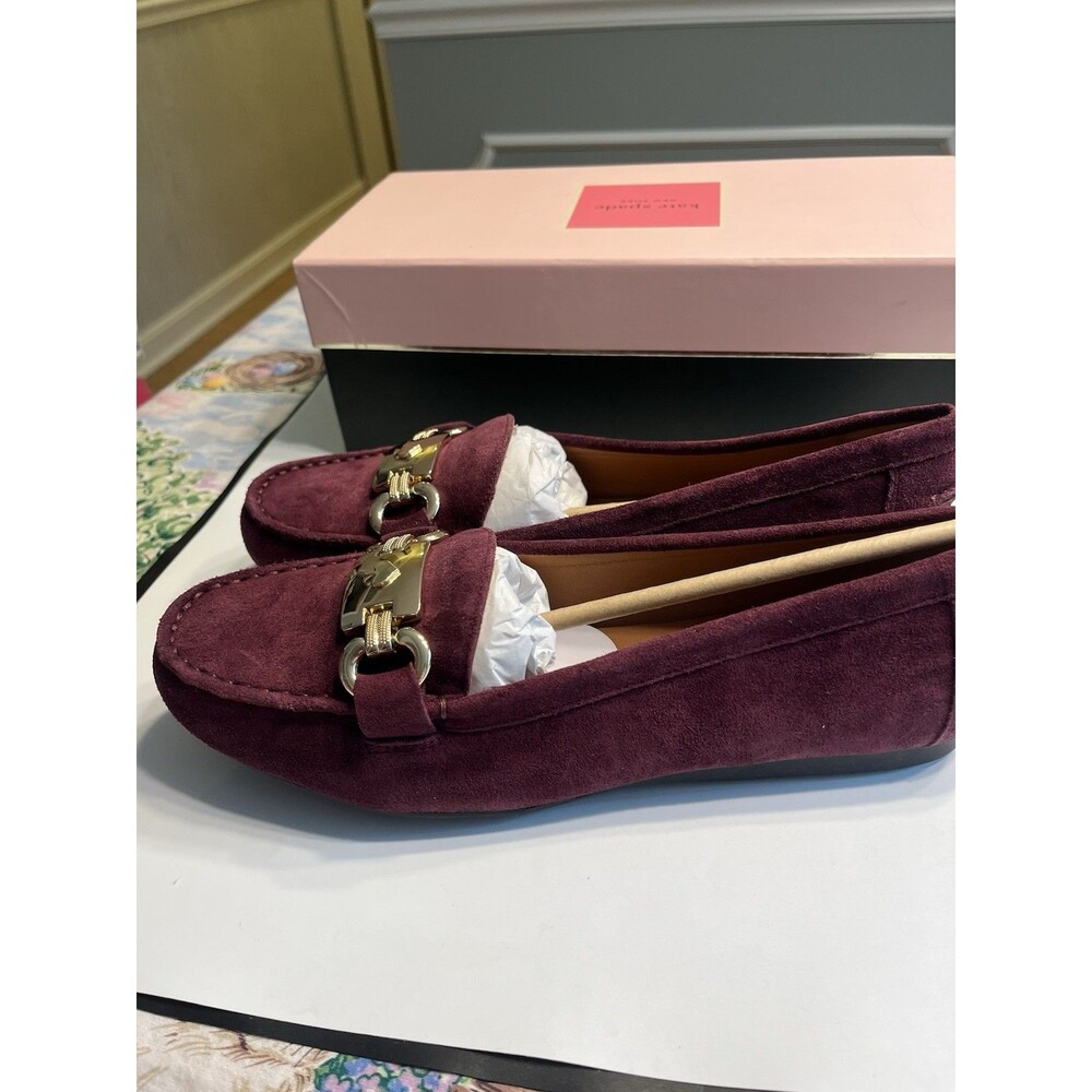 Kate Spade Cherrywood Suede Leather Gold Metal Embellished Loafers Shoes Sz 9M - Picture 9 of 15